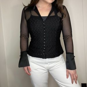 Vintage Long Sleeve Black Mesh Sleeve Collared Blouse